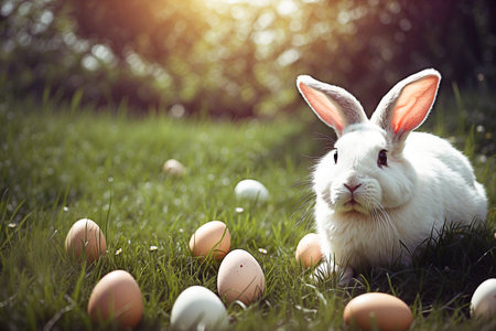 A white rabbit is surrounded by painted eggs, scattered on the grass.の写真素材
