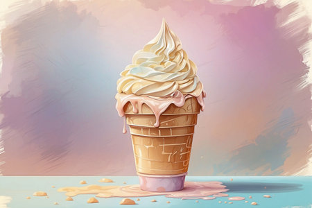 Drawing of a conical ice cream on a pastel background with space for text.の写真素材