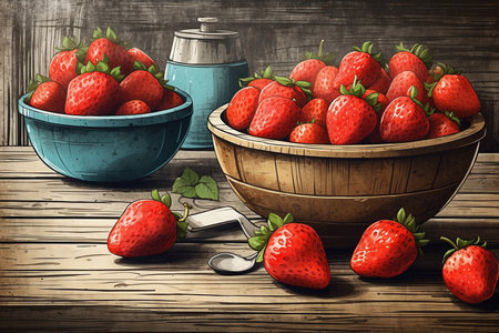 An illustration of juicy strawberries in a chipped wooden bowl.の写真素材