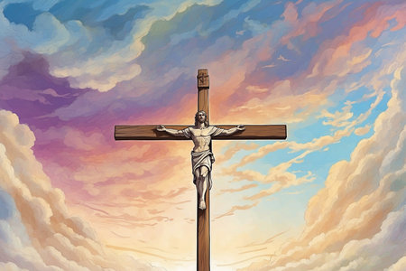 Fluffy clouds float around the cross, like heavenly messengers.の写真素材