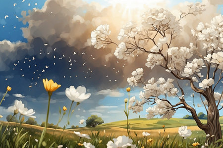 Spring atmosphere, blurred, with flowering trees and azure sky.の写真素材