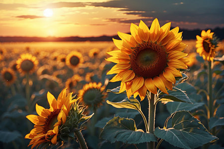 The rustic beauty of sunflowers intensifies with dusk.の写真素材