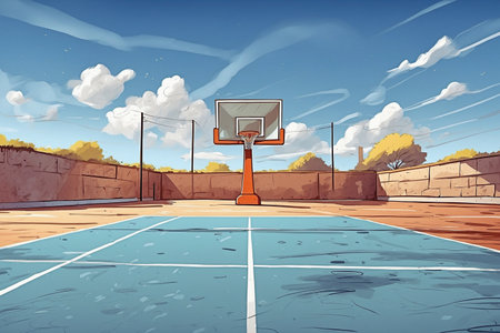 A vivid representation of a basketball court animated by sunlight.の写真素材