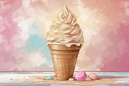 Ice cream cone painting on a pastel background, leaving a space for text.の写真素材