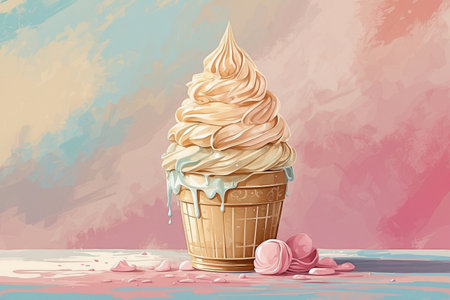 A visual representation of an ice cream cone on a pastel background, leaving room for words.の写真素材