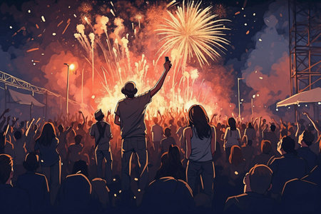 Visual representation of a multitude moving in the brightness of fireworks during a festival.の写真素材