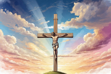 A divine atmosphere envelopes the cross under the sky in pastel shades.の写真素材