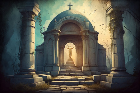 The ancient tomb stands, seeming to revive under the brush.の写真素材