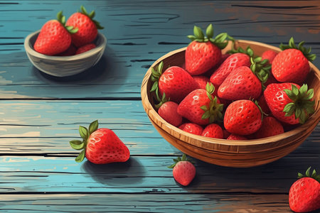 An image of freshly picked strawberries in a carved wooden bowl, reminiscent of family picking days.の写真素材