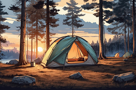 Under the pines, dusk envelops the encampment with a dark aura.の写真素材