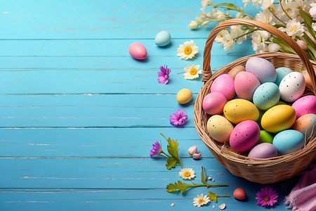 On the table is a braided basket filled with brightly colored eggs, surrounded by spring flowers.の写真素材