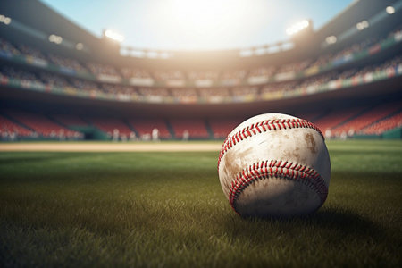 The three-dimensional illustration highlights a baseball on the grass.の写真素材