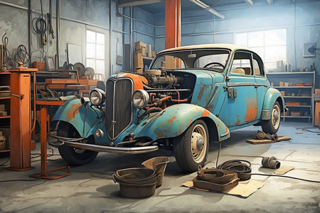 Our garage offers a retro car maintenance service, with a vibrant color palette.の写真素材