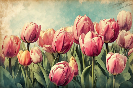 An explosion of tulips creates a symphony of colors in the illustration.の写真素材