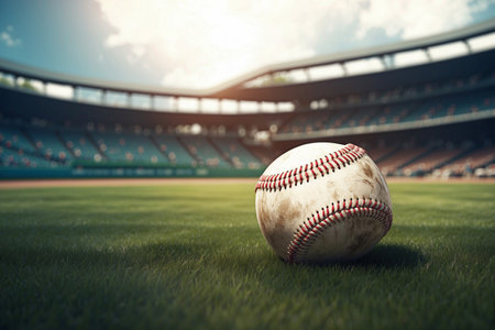 On the baseball field, a ball remains among the blades of grass.の写真素材