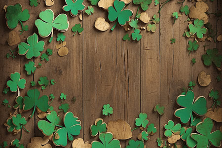 An emblematic image of St Patrick's, where clovers and pieces blend on an aged wood, creating a retro atmosphere.の写真素材