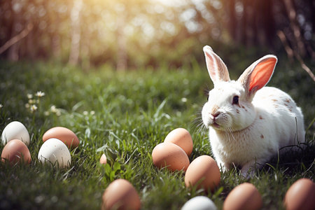 Easter eggs rest, sprinkled around the white rabbit.の写真素材