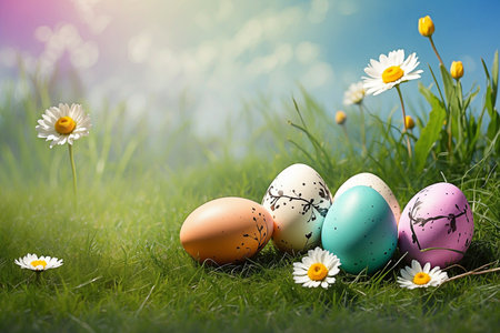 The green grass comes alive with bright hues thanks to the eggs decorated with paschal motifs.の写真素材