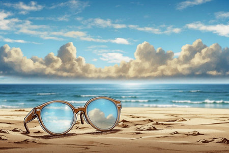 On the coast, sunglasses capture the urban essence in a maritime setting.の写真素材