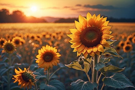 Sunflower field at sunset. Beautiful landscape with sunflowers.の写真素材