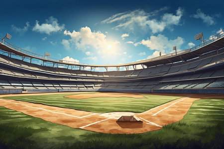 Baseball stadium with green grass and blue sky. 3D renderingの写真素材