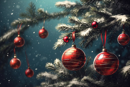 Christmas background with red baubles on snowy fir tree branch.の写真素材