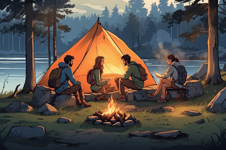 Camping in the forest. Tourists sit near the campfire.の写真素材
