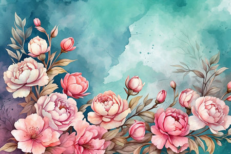 Watercolor background with peony flowers. Hand painted floral illustration.の写真素材