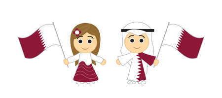 Qatar National Day Kids vector with flag boy and girlのイラスト素材