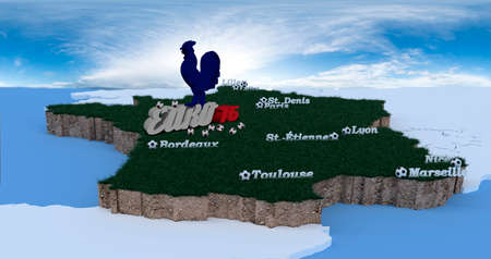 match points of Euro 2016 in 3D letters and footballs Horizon is in heaven sky, Gallic rooster pecks footballsの写真素材