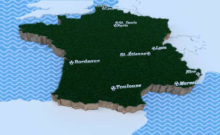 France Silhouette of Europe highlighted, EURO 16 match points in 3D letters and footballs Mediterranean Sea and North Sea in waveformの写真素材