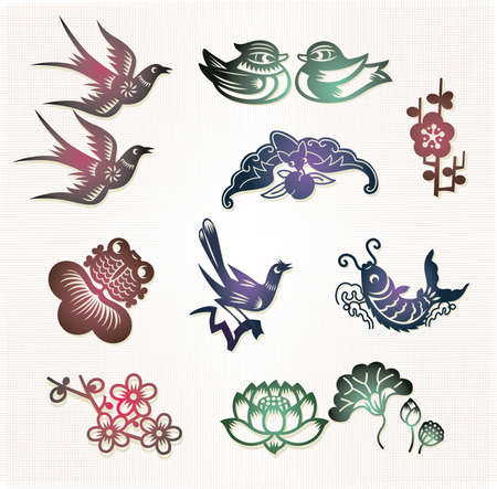 Traditional Chinese lucky symbols: Lovebirds, Mandarin ducks(Loyal love); Bat(Lucky); Plum flower(Good fortune); Goldfish(Abundant); Magpie(Happiness); Carp(Bright prospect); Lotus(Harmony)のイラスト素材