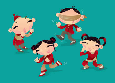 Chinese kids playing "blind chicken" (Popular kids' game in Southern China). Similar to the game of hide-and-seek, but catcher needs to be covered his eyes and listen hints by others while seeking.のイラスト素材