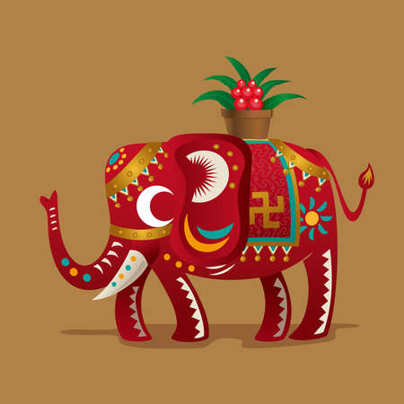 Chinese New Year Festival's lucky symbol:A elephant with a plant of Evergreen. As spring comes, all the things get a refresh. It implies the meaning of blessing people "All the best in coming new year.のイラスト素材