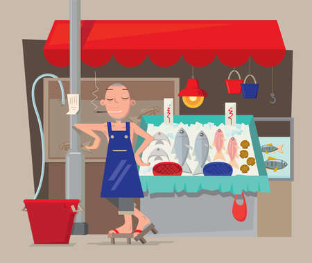 Vector illustration of seafood stall vendor in Hong Kongのイラスト素材