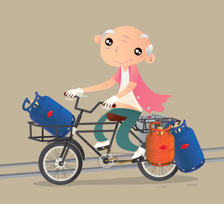 Liquefied petroleum gas cylinders bicycle deliveryman in Hong Kongのイラスト素材