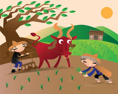 Agriculture in old China. two farmers work the land: plowing the land with cattle and transplanting rice seedlings.のイラスト素材