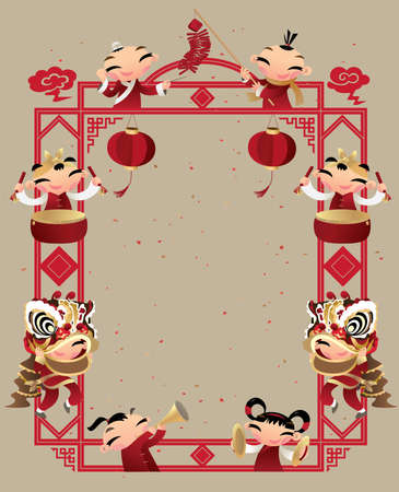 Chinese new year festival decorative frame with cartoon kids celebrating decorationsのイラスト素材