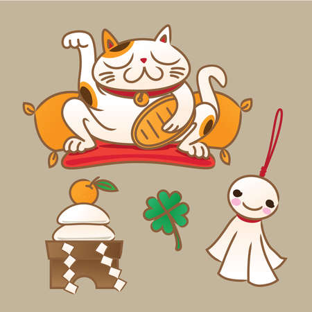 Japanese lucky symbols: beckoning cat, new year round rice-cake offering, sunny doll and four-leaf clover.のイラスト素材
