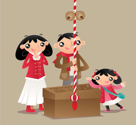 A Japanese family prays and makes worship at Japanese temple.のイラスト素材