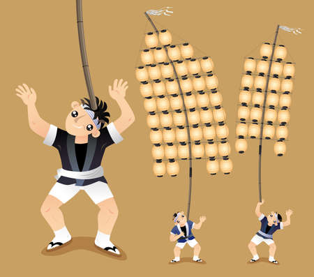 Performers display their balance skill of holding up a long bamboo pole by their different parts of bodies in the Japanese Pole Lantern festival (Kanto Matsuri).のイラスト素材