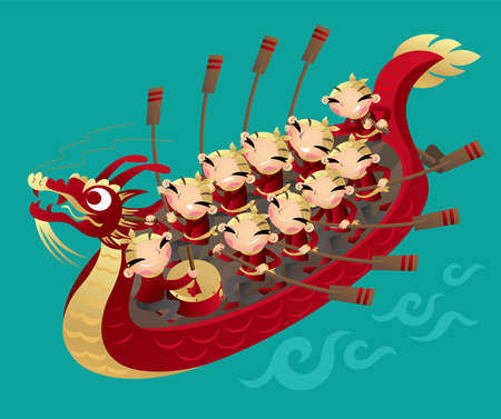 Cartoon illustration of a team of Chinese kids rowing Dragon boat to celebrate the Chinese Dragon Boat festivalのイラスト素材