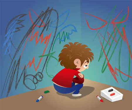 An unhappy child give vent to his annoyance by drawing graffiti on wall and hide himself at the corner Vector illustration.のイラスト素材