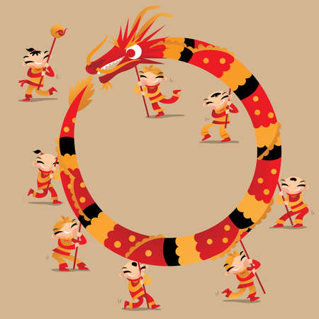 Chinese kids play dragon dancing to celebrate Chinese new year festival and from a circle as a frameのイラスト素材