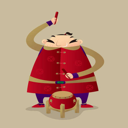 A Chinese fat man playing drum to celebrate Chinese New Year comingのイラスト素材