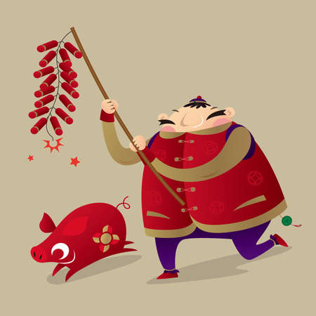 A Chinese fat man playing firecrackers to celebrate Chinese New Year comingのイラスト素材