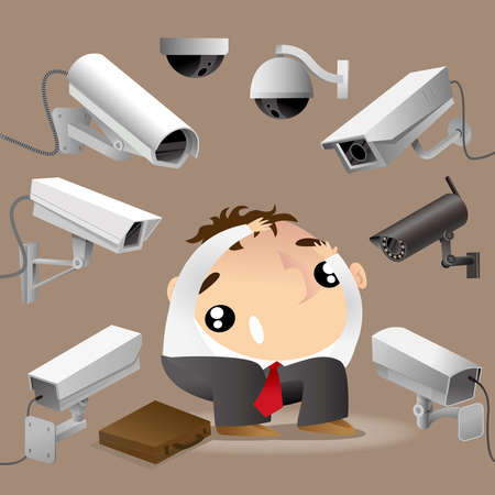 A man surrounded by surveillance cameras and feels worryingのイラスト素材