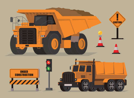 Vector illustration of construction trucks and related traffic signsのイラスト素材