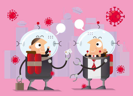Conceptual illustration of a future world under an outbreak of a pandemic disease. People wears protective suit outdoor to meet with each other.のイラスト素材