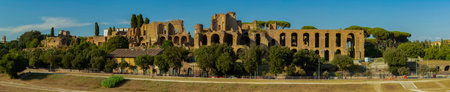 View of the ruins of the Palace of Domitian on the Palatine Hill (Palatino), seen from the Circus Maximus in Rome, Italyのeditorial素材